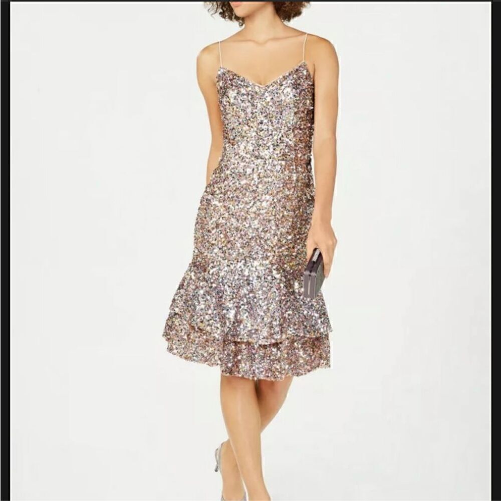 Adrianna Papell midi sequin flapper New Year’s party gunmetal homecoming prom 2p